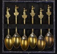 Set of 6x fine decorative ladies golfing silver gilt teaspoons - hallmarked London 1911 each