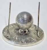 Fine white metal golfing inkwell desk stand consisting of a central squash mesh golf ball inkpot