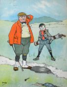 Pair of John Hassall colour golf prints - from a portfolio of 7 prints originally publ'd in 1899 -