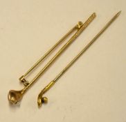 2x gold golf club pins to incl 15ct long nose golf club mounted with a period golf ball and 9ct
