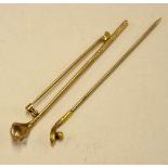2x gold golf club pins to incl 15ct long nose golf club mounted with a period golf ball and 9ct