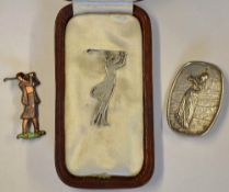 3x silver and enamel golf brooches to include lady golfer in long period dress hallmarked Glasgow,