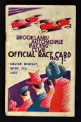 1931 Brooklands Automobile Racing Club. Official Race Card. Easter Monday April 6th 1931. A detailed