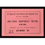 Rare 1919 Wimbledon lawn tennis stand ticket - pink coloured ticket no. 23 Stand D played at