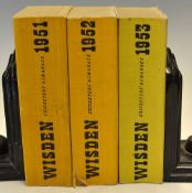 3x Wisden Cricketers Almanacks from 1951 to 1953 - all with original cloth covers, one with small