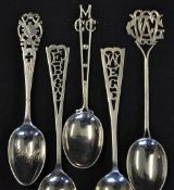 5x various silver golf club teaspoons all with decorative finials to include 2x W.E.G.C, M.G.C