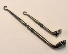 2x silver Golf Club shaped button hooks - hallmarked Birmingham 1907 and 1934