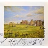 The Old Course St Andrews colour print signed by 16 Open Golf Champions titled "St Andrews-Home of
