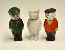 3x small Hassall style continental bisque golfing figures - 2x hand painted - all with moveable