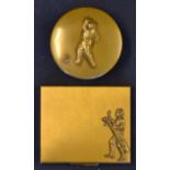 2x Vic ladies brass embossed make up compact and small trinket pot - both embossed with golfing