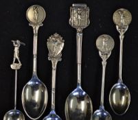 Collection of 6 various silver golfing teaspoons decorated with 4x Vic. golfing figures and 2 lady