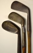 3x various irons to include Smith's pat anti-shank smooth faced lofted iron with circular hand