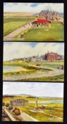 3x interesting 1940s St Andrews Old Course colour postcards of The Club House, Links and The Old