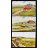 3x interesting 1940s St Andrews Old Course colour postcards of The Club House, Links and The Old