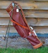 Fine leather golf bag complete with alloy patent "Auto-Caddie" bag stand, large ball pocket, leather