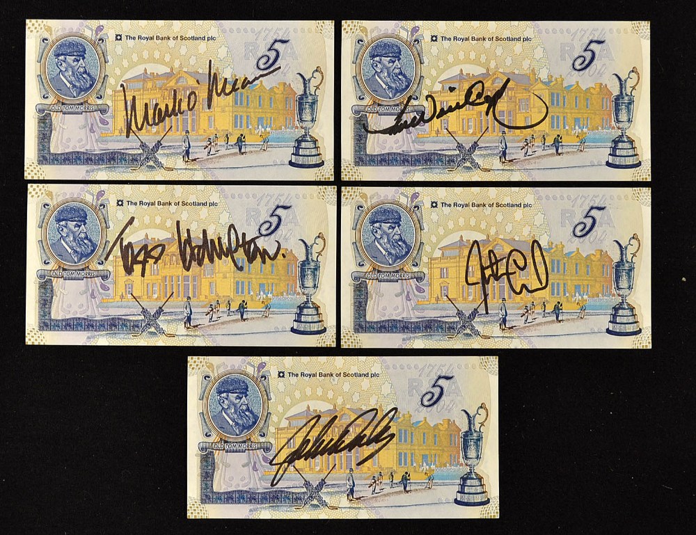 5x Old Tom Morris commemorative signed Bank of Scotland £5 notes - signed by 5 x Open Golf Champions