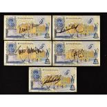 5x Old Tom Morris commemorative signed Bank of Scotland £5 notes - signed by 5 x Open Golf Champions