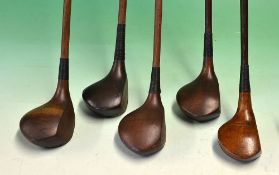 5x assorted socket head woods including a JC Smith brass plated spoon, a striped top D Adams large