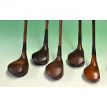 5x assorted socket head woods including a JC Smith brass plated spoon, a striped top D Adams large