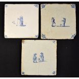 3x early Dutch Delft Kolfing scene wall tiles c. 1860's each decorated with Kolfing figures and