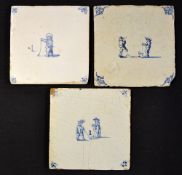 3x early Dutch Delft Kolfing scene wall tiles c. 1860's each decorated with Kolfing figures and