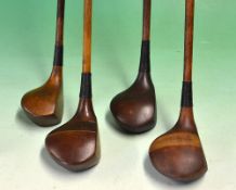 4x socket neck woods including a Tom Reckie large head deep faced spoon with maker's shaft stamp,