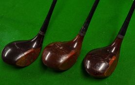 3x Bobby Jones Spalding dark stained persimmon woods with fibre face inserts nos 1, 2 and 3 with