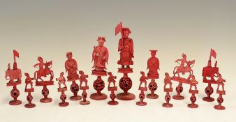 Early Chinese carved ivory chess set c. 1900 - comprising a full set of red and white Chinese carved