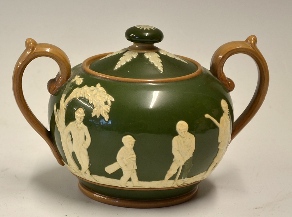 Copeland Spode golfing sugar bowl - twin handle and lid with white golfing figures in relief against