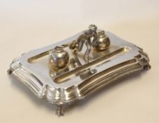 1892 Curling silver plated pen and inkwell desk set comprising 2x curling stone inkwells one