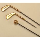 2x Charles Horner 9ct gold golf club hat pins hallmarked Chester 1907 and 1919 (one possibly