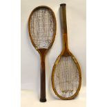 2x Patent wooden tennis rackets to include Slazenger's "Patented Shoulders" fitted with convex