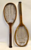 2x Patent wooden tennis rackets to include Slazenger's "Patented Shoulders" fitted with convex