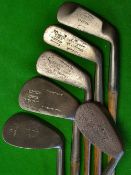 6x various irons including a very deep faced patent 'Kro-flite' 7 iron, caddy brand jigger, Mussel