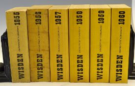 6x Wisden Cricketers Almanacks from 1955 to 1960 - all with original cloth covers, '55 & '56