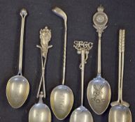 6x early 20thc. Silver golf teaspoons with interesting stems and renewals to include The RAC club,