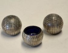 Fine silver plated golf ball cruet set - to incl flat bottom salt, pepper and mustard pots c/w