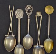 5x various Golf Club silver or silver gilt teaspoons from 1907 onwards - to incl rare The Clapham