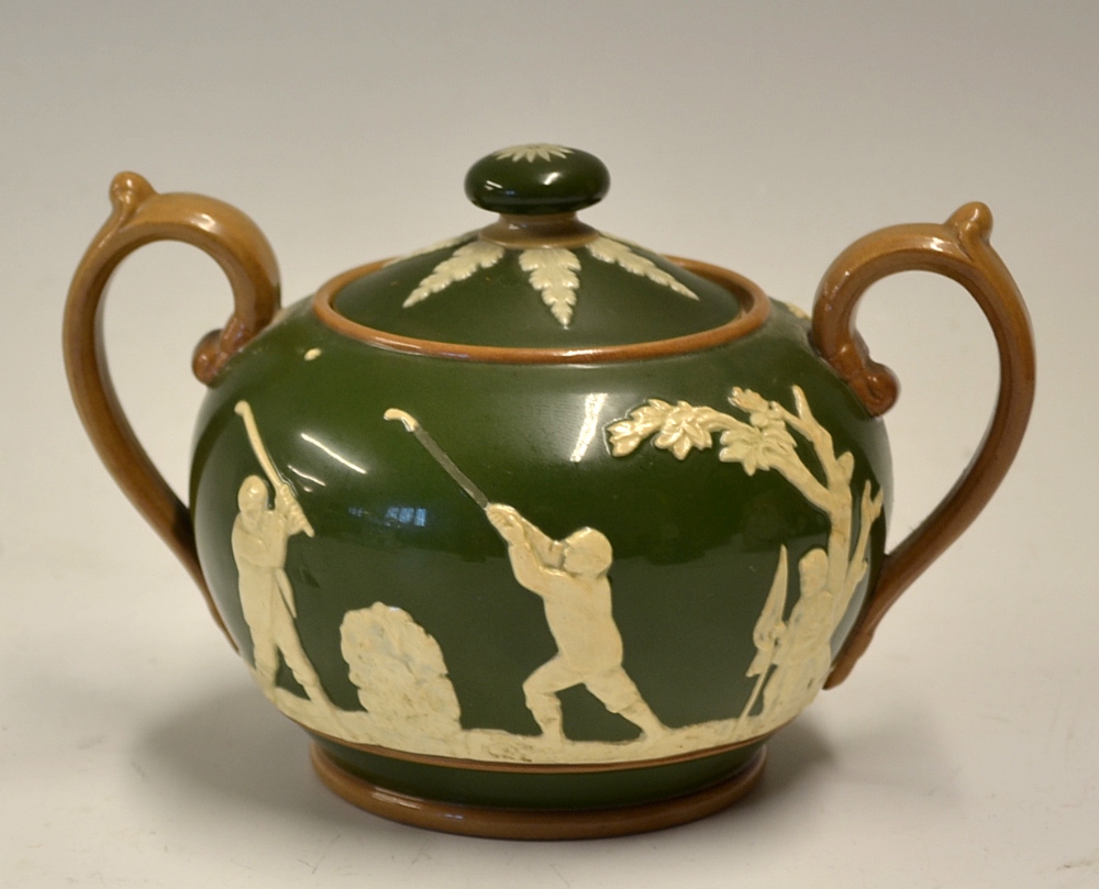 Copeland Spode golfing sugar bowl - twin handle and lid with white golfing figures in relief against - Image 2 of 2