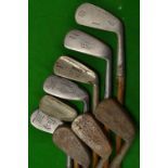 9x various irons by makers Hawkins, Trueline, Vickers, and Simpson, from mashies to mashie niblicks