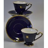 Pair of Japanese Golf Cup and Saucer Sets 'Koransha' stamp to the base, in blue with gold rims all