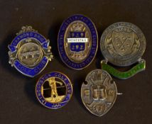 5x interesting silver, enamel, silverplate and other enamel golf club pin badges to include