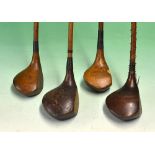 4x various socket neck woods including a deep faced pointed toe spoon stamped H Bruton Markeaton