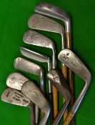 7x Hickory shafted clubs to include a Waggot lofting iron and Anchor brand 3 iron rustless, Cowan of