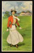 American Trade Card featuring a lady golfer c.1920's - advertising Humphreys Witch Hazel Oil c/w