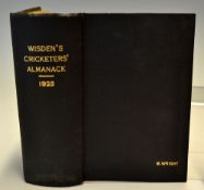 1923 Wisden Cricketers Almanack - 60th edition lacking wrappers but rebound in black cloth boards