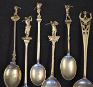 6x early 20thc silver golf spoons all with golfing figures to incl one in the style of Harry