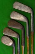 5x various irons including a smf cleek stamped Conqueror and another mashie by Forgan of St Andrews,