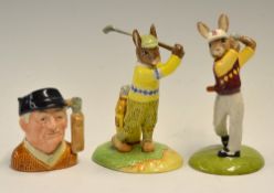 Collection of Royal Doulton bone china golfing figures to include miniature "Golfer" character jug