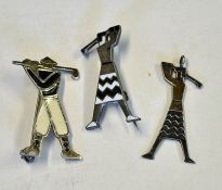 2x silver and enamel Art Deco style golfing pins together with white metal lady golfer pendant in